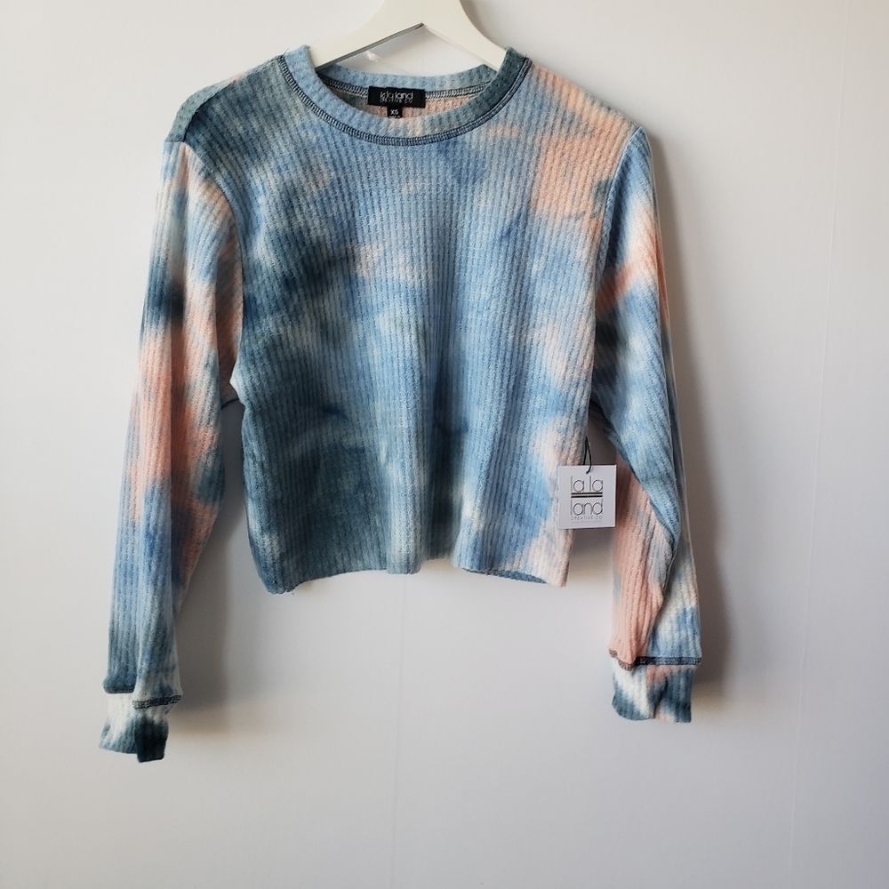 La la land creative co womens top tie dye waffle charcoal peach size XS